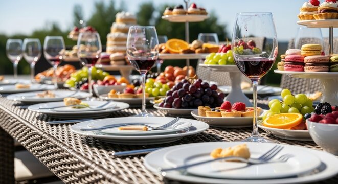 outdoor buffet table with wine and desserts