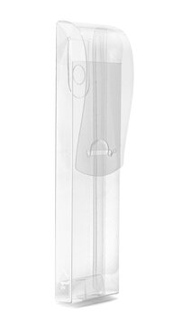 Blank transparent plastic box package mockup with hanger isolated on white background