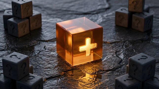 Glowing amber glass cube with a plus sign symbol surrounded by dark stone cubes with question marks on a textured surface
