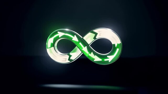 Glowing infinity symbol with recycling arrows inside, representing endless sustainability and circular economy concepts