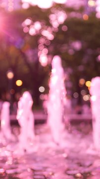 A Tranquil Moment Captured in Time: The Enchanting Dance of Water Fountains Glittering Under Soft Pink Light in a Serene Urban Setting