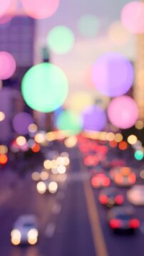 A Dreamy Urban Scene Captured at Twilight, Where Lights Blur into Colorful Orbs, Creating a Magical and Enchanting Atmosphere on a Bustling City Street