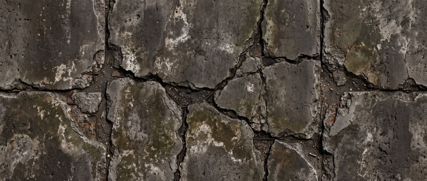 Dark Weathered Concrete Wall Texture with Deep Cracks Aged Cement and Industrial Background