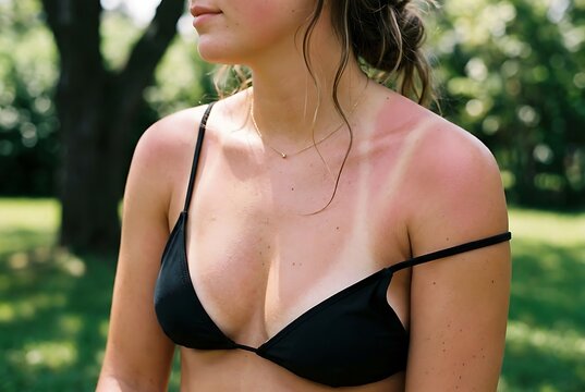 Young woman in bikini with sun tan lines, outdoors, summer fun and sun protection concept.