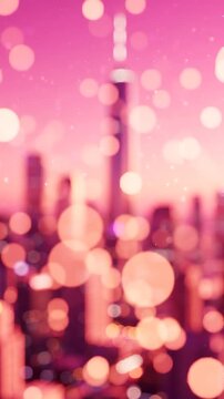 A Dreamy Cityscape at Dusk: A Blurry View of Skyscrapers Surrounded by Beautiful Bokeh and Soft Pink Hues Creating a Mystical Urban Atmosphere