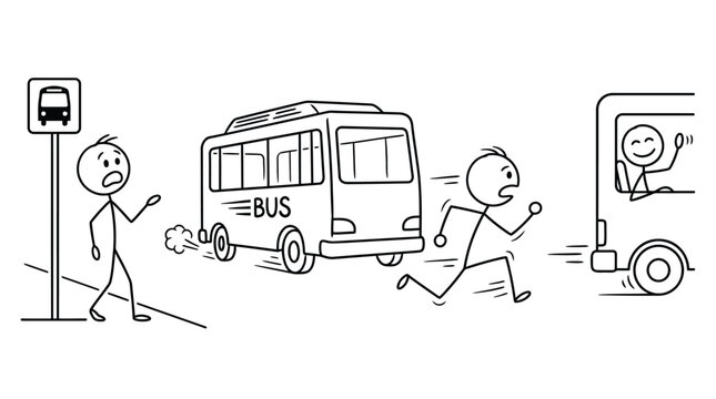 Frantic stick figure desperately pursues a departing public transport bus