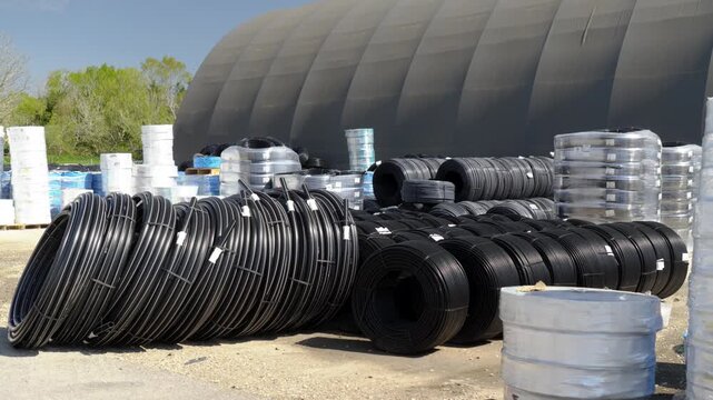 Black plastic irrigation pipes coiled in large rolls, stored outdoors in an industrial yard. Construction materials and infrastructure supplies for farming, irrigation systems and landscaping projects