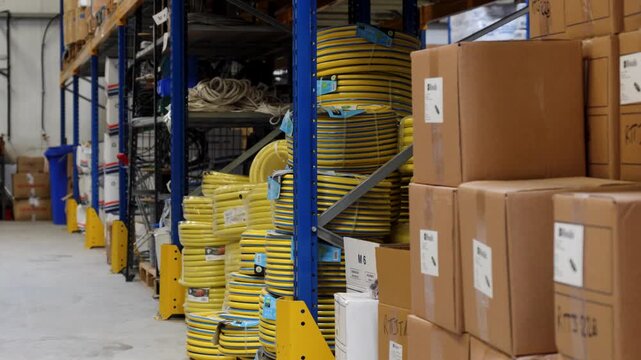 Industrial warehouse shelves stocked with hoses, cartons and irrigation supplies, medium orbit