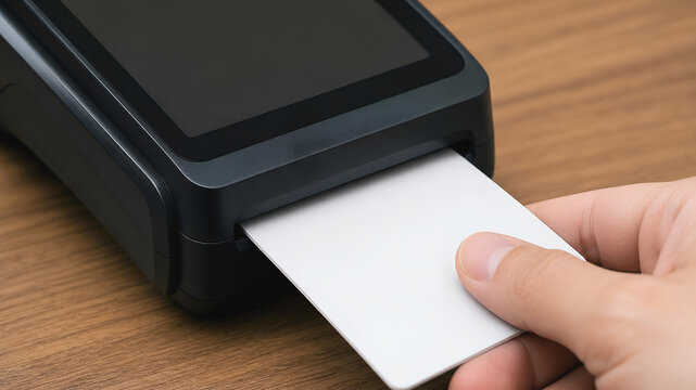Payment terminal card reader electronic device contactless payment plastic card hand touch screen cashless transaction technology retail counter
