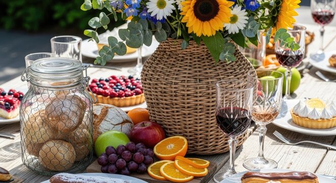 outdoor table setting with flowers, fruits, and wine