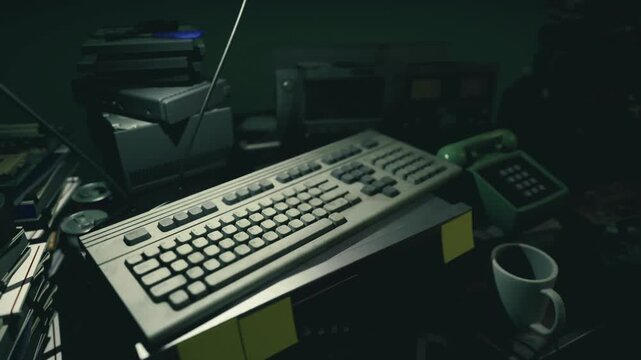 Technical repair bench with keyboard and tools, multimeter, cable bundles, diagnostic calculator, floppy drives, worn surfaces and methodical problem solving