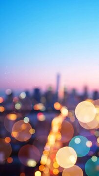 Blurry Urban Skyline at Dusk with Sparkling Lights Creating a Dreamy Atmosphere and Soft Color Palettes Reflecting a Lively City Vibe in Transition from Day to Night