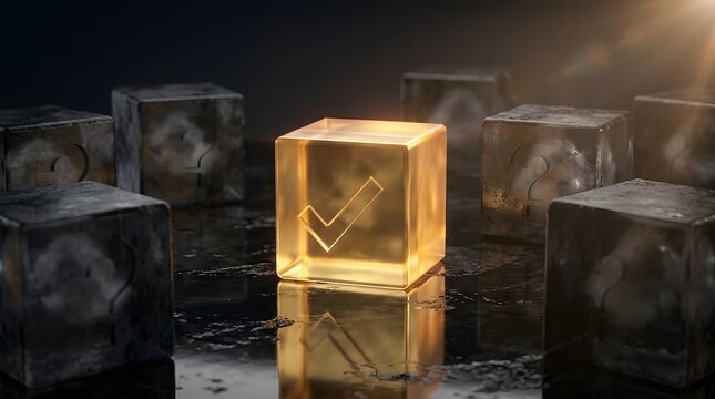 Golden glowing cube with a check mark symbol surrounded by dark stone cubes with question marks on a reflective surface