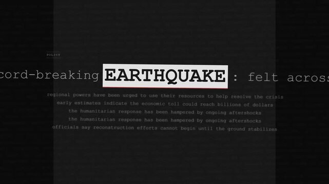 Seamless loop earthquake intelligence report data scan, 4k dark mode classified document stop motion text overlay