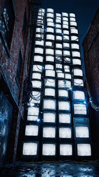 An Enigmatic Display of Vintage Televisions Illuminating a Dark Alley, Creating a Surreal Atmosphere with Flickering Screens Reflecting an Eerie Urban Landscape