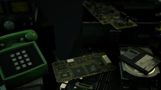 Green desk phone among discarded circuit boards, contrast between communication and obsolete hardware, murky lighting, salvage mood, eerie stillness