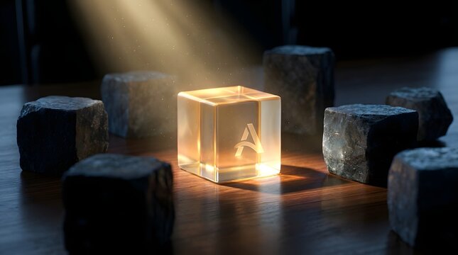 A glowing glass cube with an a symbol surrounded by dark stone blocks on a wooden table, illuminated by a spotlight