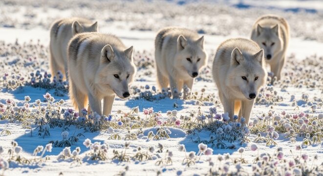 Pack of gray wolves walking on snowy field with flowers