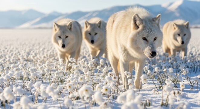 pack of white wolves walking through snowy field