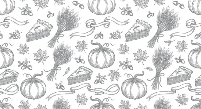 Luxury seamless harvest pattern with black and white line art featuring pumpkins, pie slices, wheat bundles, acorns, cranberries, maple leaves, and rustic ribbons for autumn textile design.