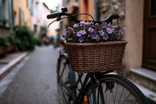 Vintage bicycle with purple flowers in charming alley