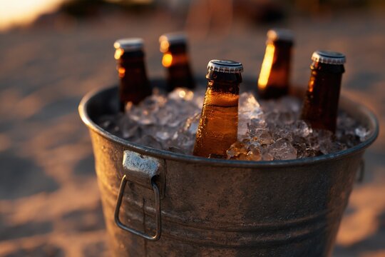 Beer bottles chilling in ice bucket on beach at sunset