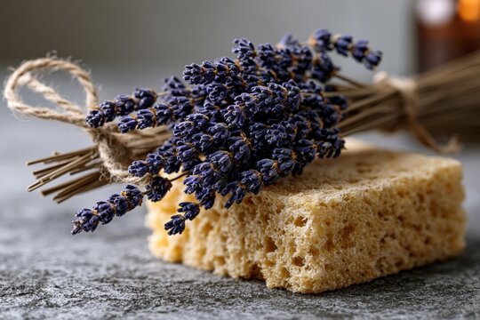 Dried lavender flowers resting on natural sponge for spa