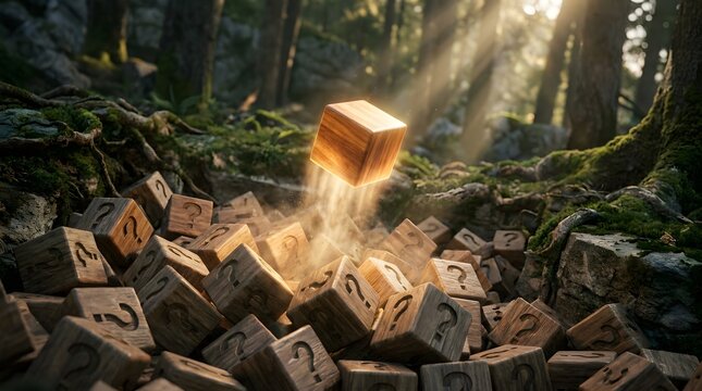 A glowing wooden cube floating above a pile of wooden blocks with question marks in a mystical forest setting