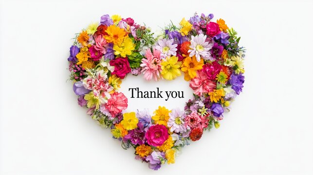「Thank you」のメッセージと花々で形作られたハート素材