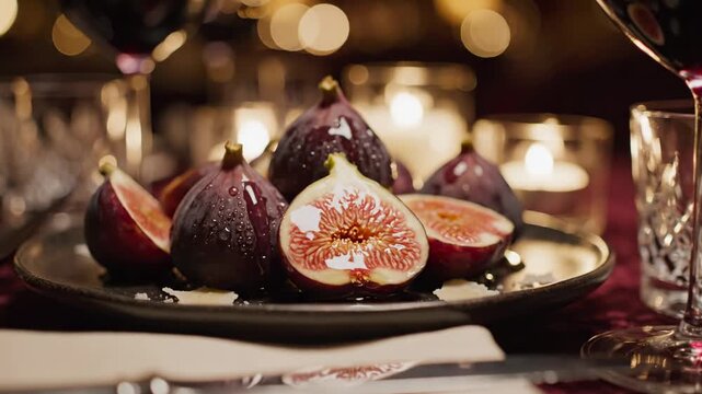 A plate of ripe purple figs served at a fancy gala dinner creates a mood of luxury as the warm glow of candlelight dances softly across the festive table offering a rich harvest for guests