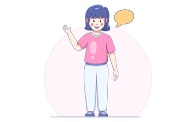 Happy young girl waving with a speech bubble in casual clothing for communication and education concepts