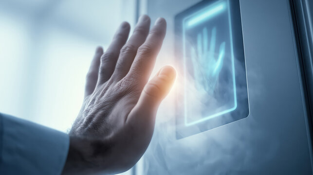 Biometric scanner hand closeup with glowing blue panel and security access concept