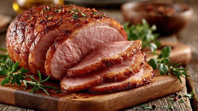 Roasted pork meat sliced on wooden board with herbs and crusted glaze, savory culinary close up for kitchen menu