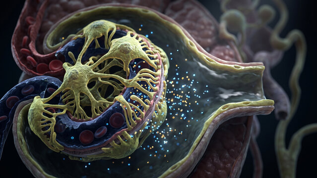 3D medical illustration of glomerular filtration in a renal corpuscle showing podocytes wrapping around capillaries to filter blood into Bowman's space