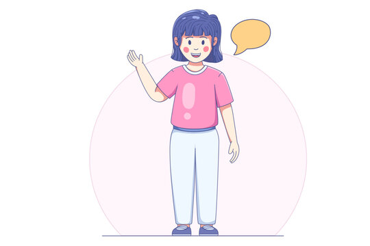 Happy young girl waving with a speech bubble in casual clothing for communication and education concepts