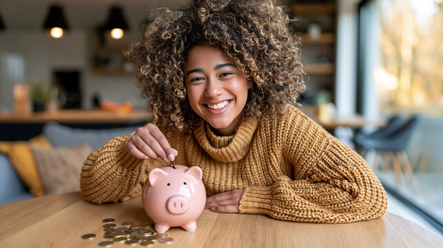 Smiling woman with piggy bank and coin on wooden table in bright home interior