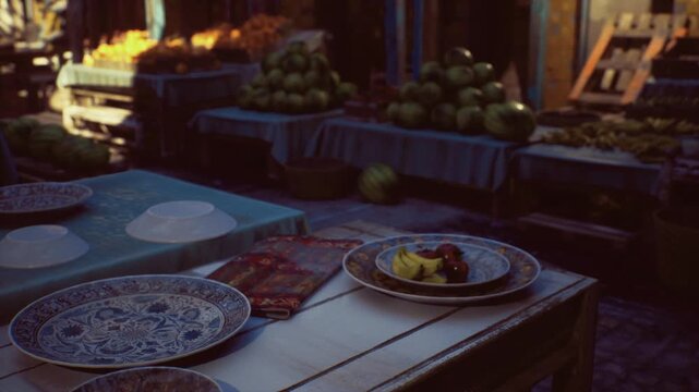Moody twilight table with plates, dim warm glow from nearby lamps, patterned dish with pastry, piled green apples, shadowed vendor stalls and textured linen