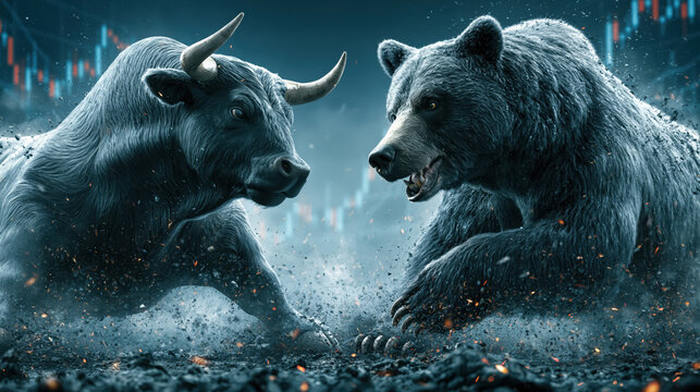 Bull bear stock market finance conflict aggressive fight trading price
