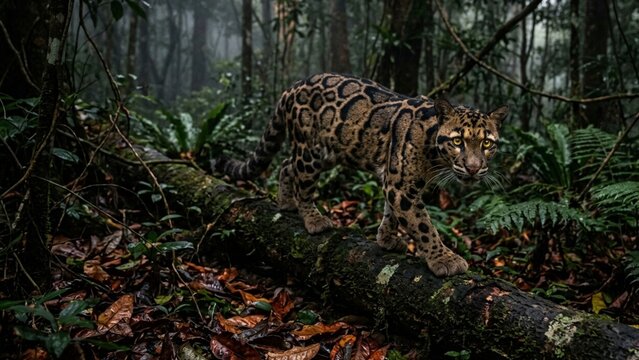 Bornean Clouded Leopard Walking on Fallen Log in Misty Rainforest, AI Generated Wildlife
