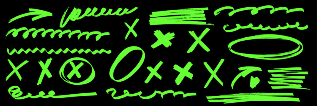 Pen and brush doodle set with marker highlight, pencil paint and circle lines. Arrow and underline strokes alive with energy. Marker arrow and highlight underline drawn.