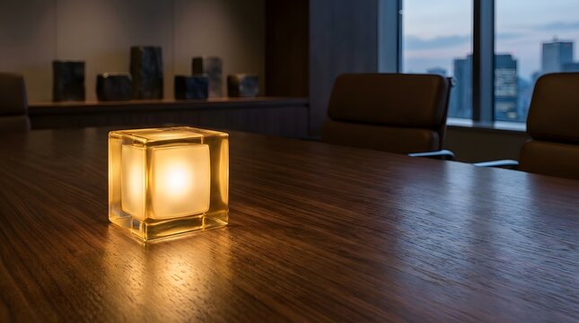 Modern glowing cube lamp on a wooden conference table in a dark office boardroom with city view at twilight