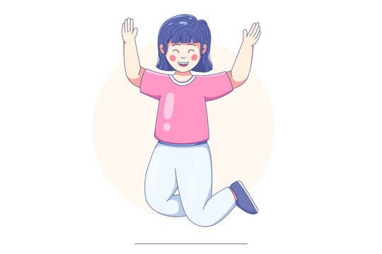 Happy young girl jumping with raised hands celebrating success in a cheerful cartoon illustration