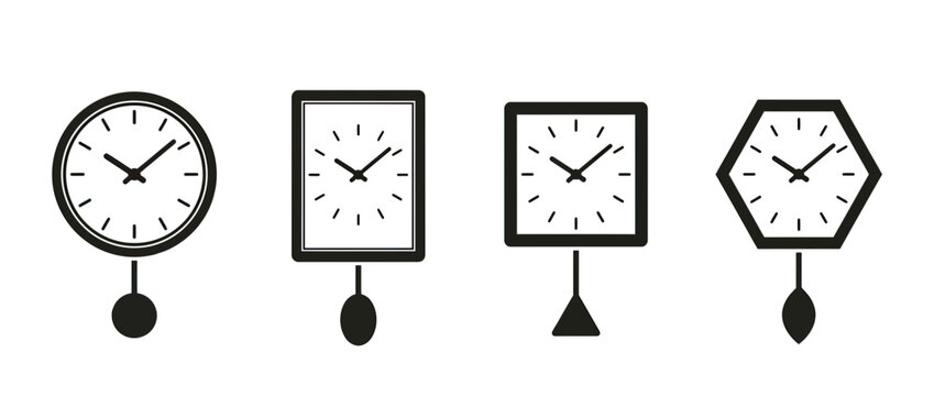 Diverse Clock Shapes with Pendulums on White Background