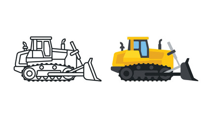 Bulldozer Illustration Flat Vector Design With Color And Outline Versions © Kaium