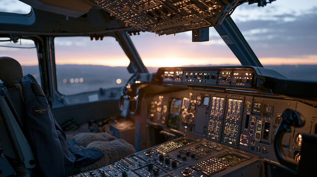 Cargo aircraft cockpit emptied at twilight blue hour, aftermath of a long haul flight, pilot's uniform jacket folded on seat, minimalist instrument panel glowing softly, the quiet