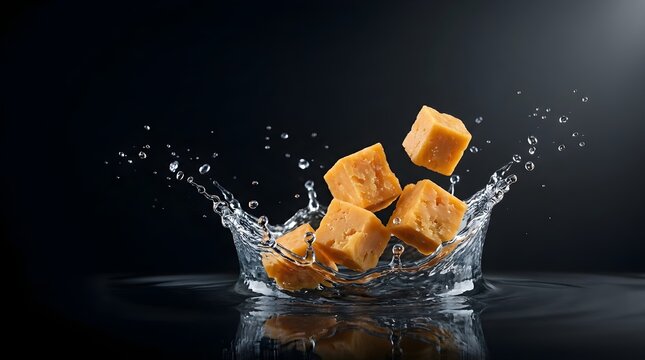 Caramel Cubes with Dynamic Water Splash for Product Splash Photography on Dark Studio Background