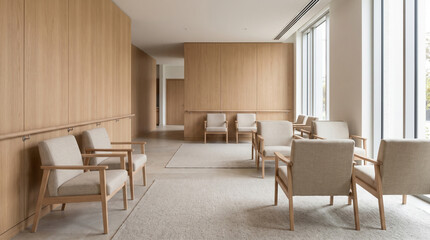 Fototapeta premium Modern bright waiting room in medical clinic with comfortable seating and wooden panels