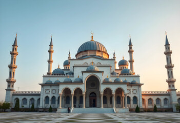 Fototapeta premium Grand mosque with multiple domes and minarets under a clear sky, islamic architecture and religious building, the islamic architecture features intricate details and a serene facade