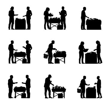 Collection of farmers market silhouettes featuring fresh produce vendors, customers shopping at fruit and vegetable stands, and local market scenes. Ideal for agriculture, grocery, organic food
