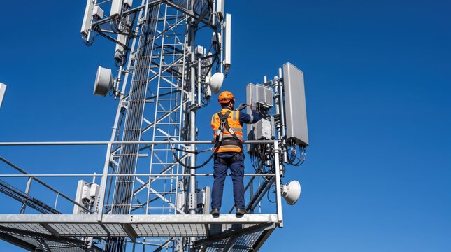 Technician maintaining 5G telecom tower equipment on metal structure against blue sky, telecommunication engineer working on antenna array for mobile network signal transmission